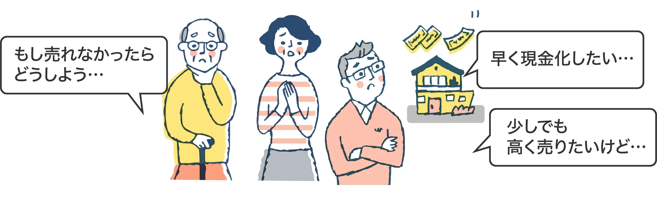 「もし売れなかったらどうしよう…」「早く現金化したい…」「少しでも高く売りたいけど…」と悩む売主のイメージ
