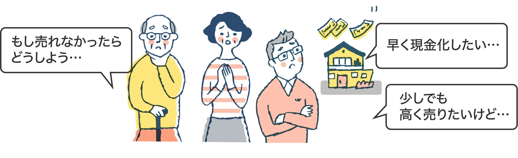「もし売れなかったらどうしよう…」「早く現金化したい…」「少しでも高く売りたいけど…」と悩む売主のイメージ